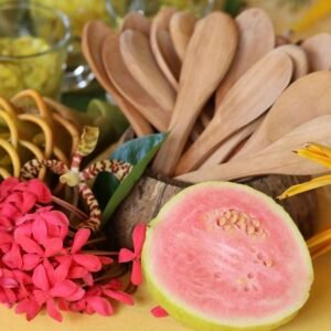 pink Guava on table with flowers
